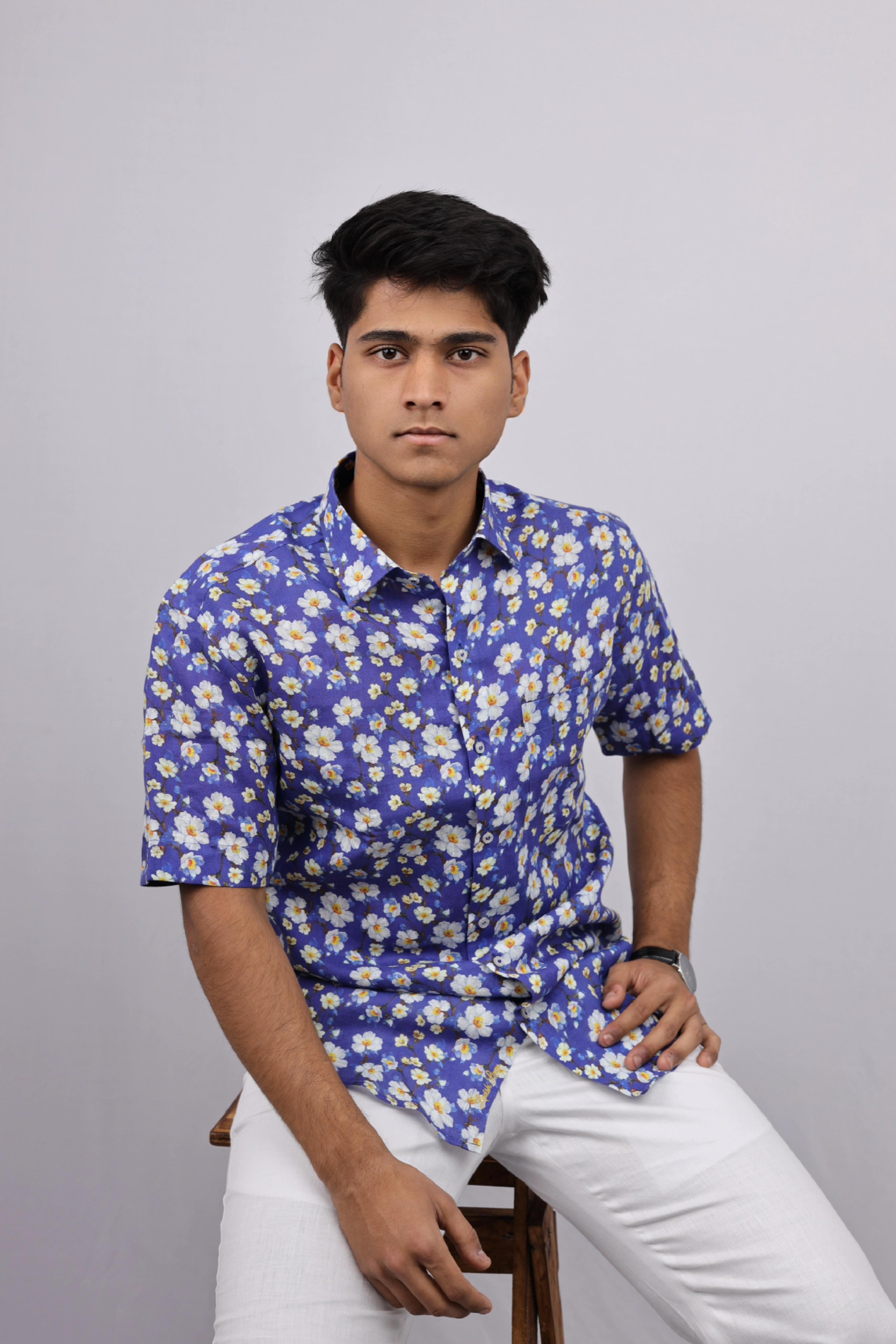 Blue Floral digital print- Pure Linen slim fit Half Sleeve Shirt