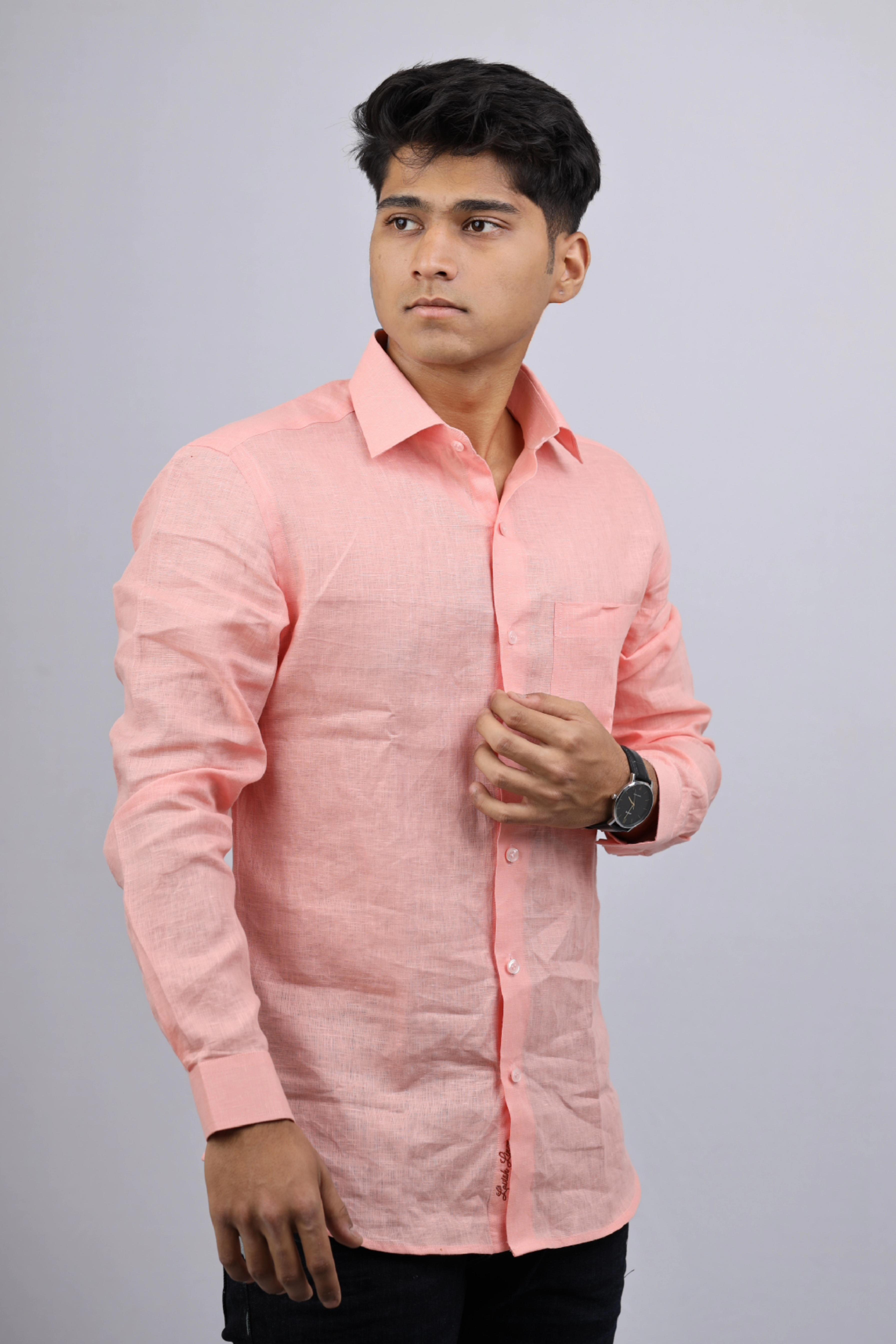 Salmon Peach - Pure Linen slim fit Full  Sleeve Shirt