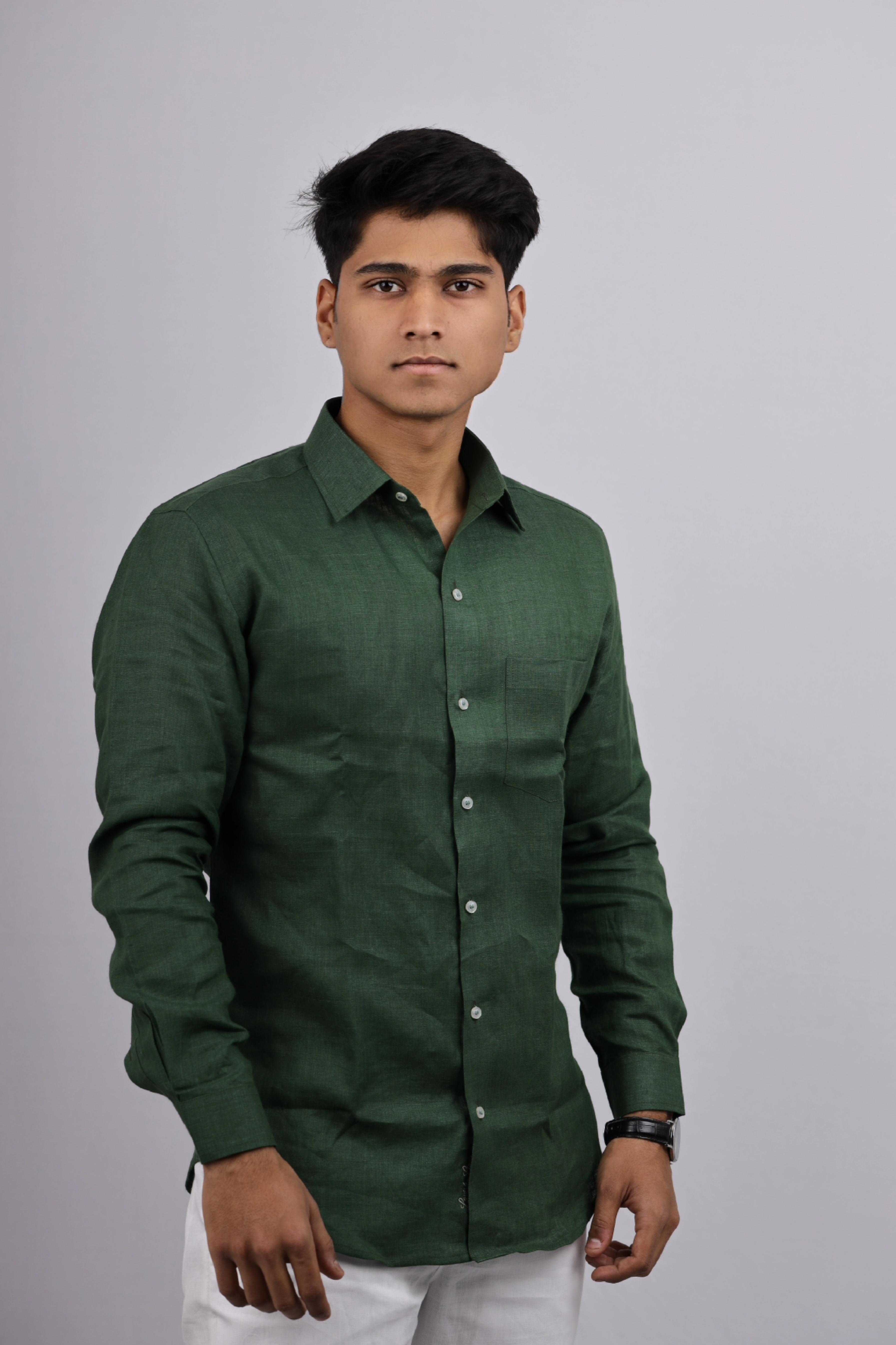 Deep Green - Pure Linen slim fit Full  Sleeve Shirt