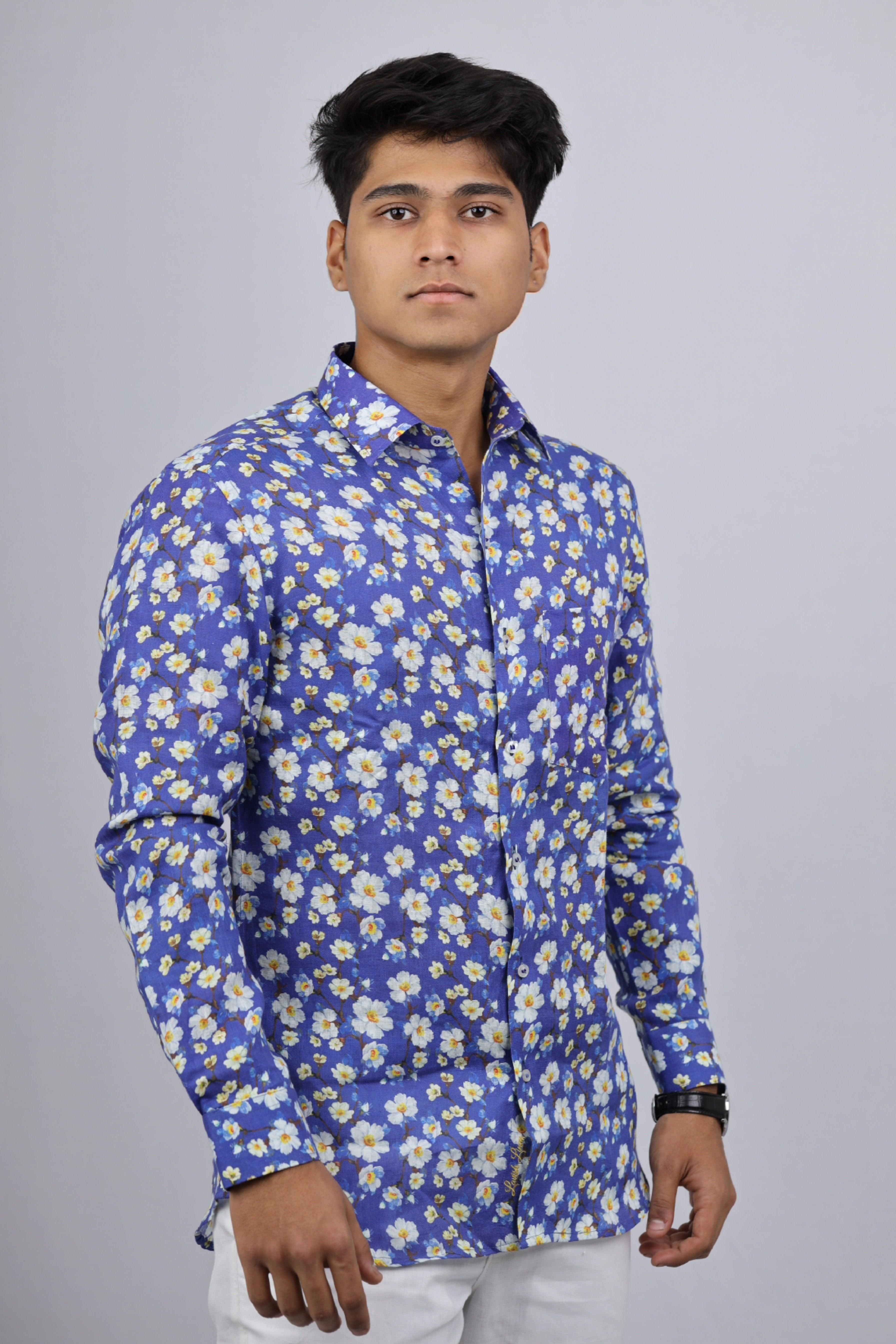 Blue Floral digital print - Pure Linen slim fit Full Sleeve Shirt